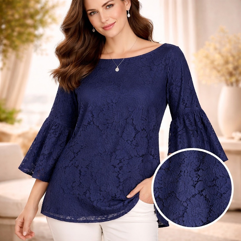 Lauren Ralph Lauren Top Womens XL Navy Blue Lace Bell Sleeve Romantic Classic - Picture 1 of 8